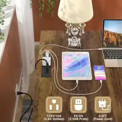 Efficient charging station on a wooden desk with power outlets, USB ports, and power cord, perfect for charging tablets, smartphones, and laptops in Monalisa Store.