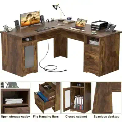 Versatile office desk featuring open storage, file hanging bars, a closed cabinet, and spacious surface for workspace and organization; ideal for professional or home office setups.