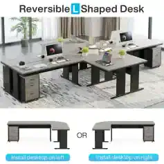 Reversible L-shaped desk with adjustable configuration, perfect for modern office spaces and collaborative work environments. Features spacious surface and storage drawers for organization.