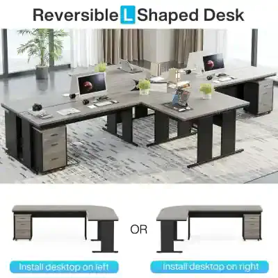Reversible L-shaped desk with adjustable configuration, perfect for modern office spaces and collaborative work environments. Features spacious surface and storage drawers for organization.
