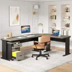 Optometry office desk with dual computers, bookshelves, and stylish décor for eyewear store and eye care professionals. Modern, organized workspace at Monalisa Medical.