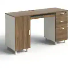 Stylish office desk featuring a combination of wood finish with white accents, multiple drawers, and a spacious work surface for professional workspace setups.