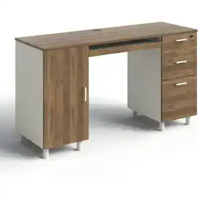 Stylish office desk featuring a combination of wood finish with white accents, multiple drawers, and a spacious work surface for professional workspace setups.