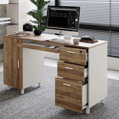 Optometry office desk with drawers, computer, cameras, and office accessories ideal for eye clinics and vision care professionals.