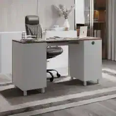 Comfortable ergonomic office desk with gray leather chair, suited for workspaces, including storage and elegant design for professional environments.