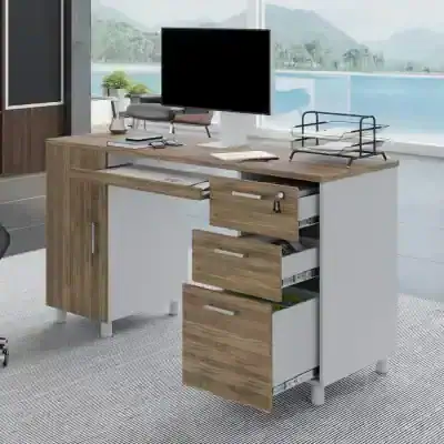 A contemporary workspace featuring a sleek desk with multiple storage drawers, a computer monitor, and a clean, organized surface ideal for optometry professionals and optical shop environments.