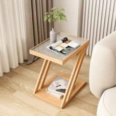 Stylish wooden side table with modern design, perfect for living rooms and bedrooms, featuring a sleek top surface and lower shelf for books or decor items.