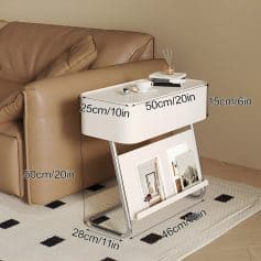 Stylish white bedside table with detailed measurements for home decor or office setup, perfect for organizing essentials. Made of durable materials, it complements contemporary interiors.