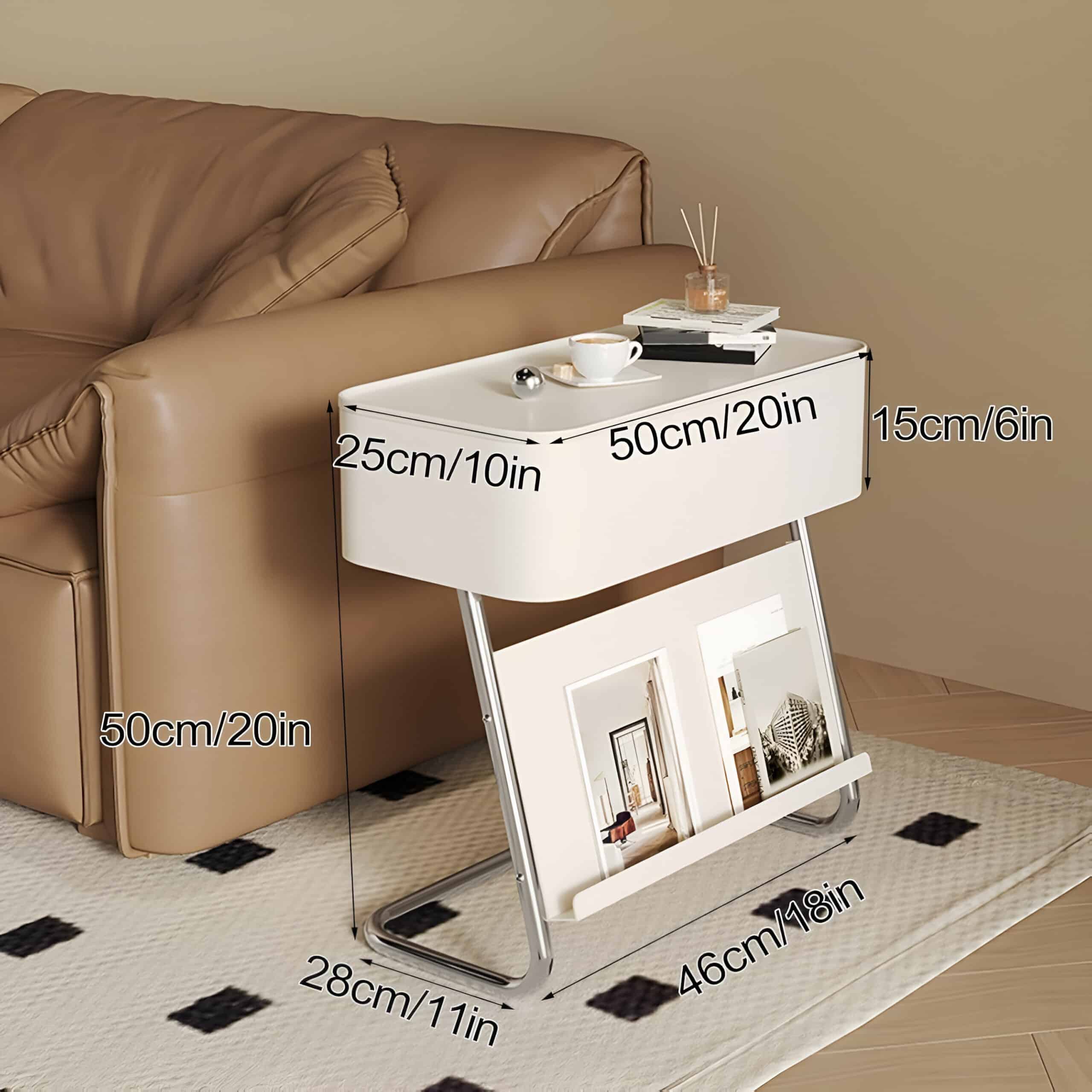 Stylish white bedside table with detailed measurements for home decor or office setup, perfect for organizing essentials. Made of durable materials, it complements contemporary interiors.