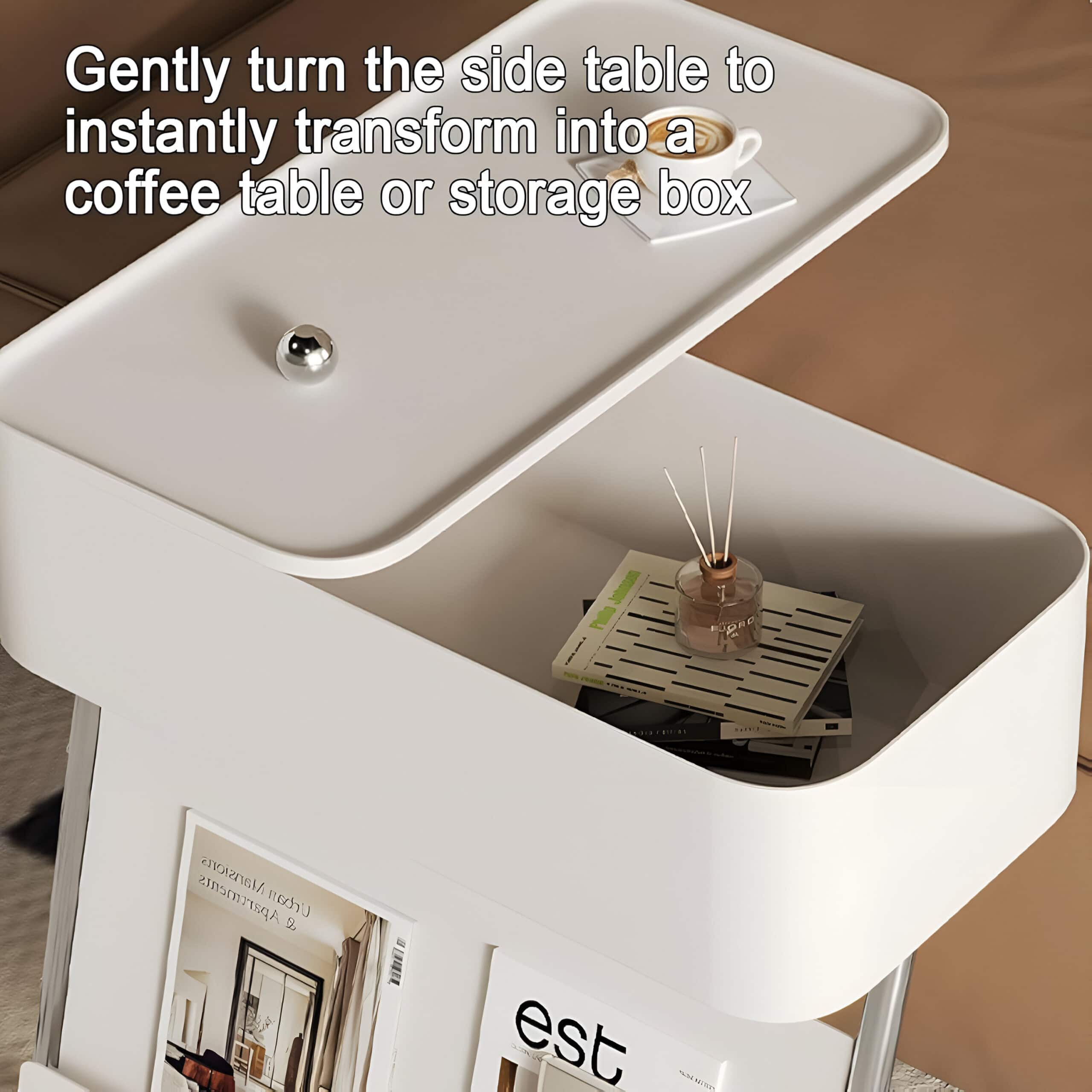 A versatile white coffee table with a sliding top that transforms into a storage box, perfect for modern living rooms. Features a sleek design, spacious interior, and smooth operation, making it an ideal addition for stylish and functional home organization.