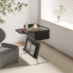 Unique black side table with magazine rack, minimalist furniture piece, modern accent table, office or living room decor, chic black finish, contemporary design from Monalisa Store.