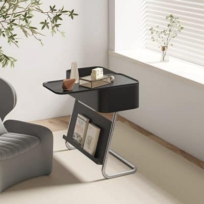 Unique black side table with magazine rack, minimalist furniture piece, modern accent table, office or living room decor, chic black finish, contemporary design from Monalisa Store.