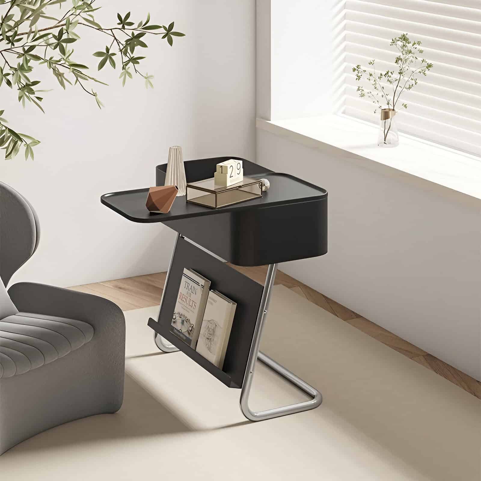 Unique black side table with magazine rack, minimalist furniture piece, modern accent table, office or living room decor, chic black finish, contemporary design from Monalisa Store.