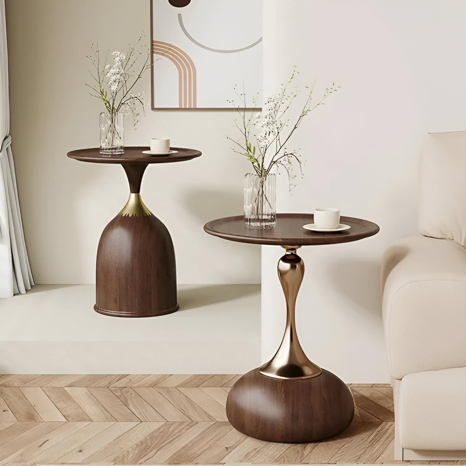 Stylish side tables featuring minimalist design, glass vases with flowers, and cozy living room elements, perfect for enhancing contemporary interior aesthetics.