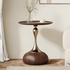 Modern wooden side table with metallic accents, perfect for home decor or living room spaces. Versatile furniture piece ideal for displaying decorative items, plants, or coffee table essentials.