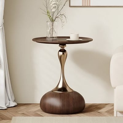 Modern wooden side table with metallic accents, perfect for home decor or living room spaces. Versatile furniture piece ideal for displaying decorative items, plants, or coffee table essentials.