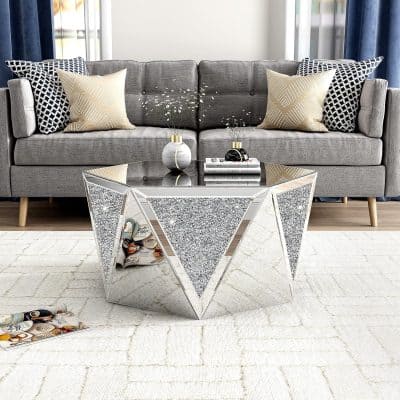 Elegant living room coffee table featuring mirrored surfaces, geometric shapes, and sparkling silver details, perfect for enhancing contemporary home decor and displaying magazines or decorative items.