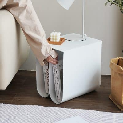Stylish white bedside table with hidden storage for magazines, perfect for bedroom decor and organization, from Monalisa Store's opt range.