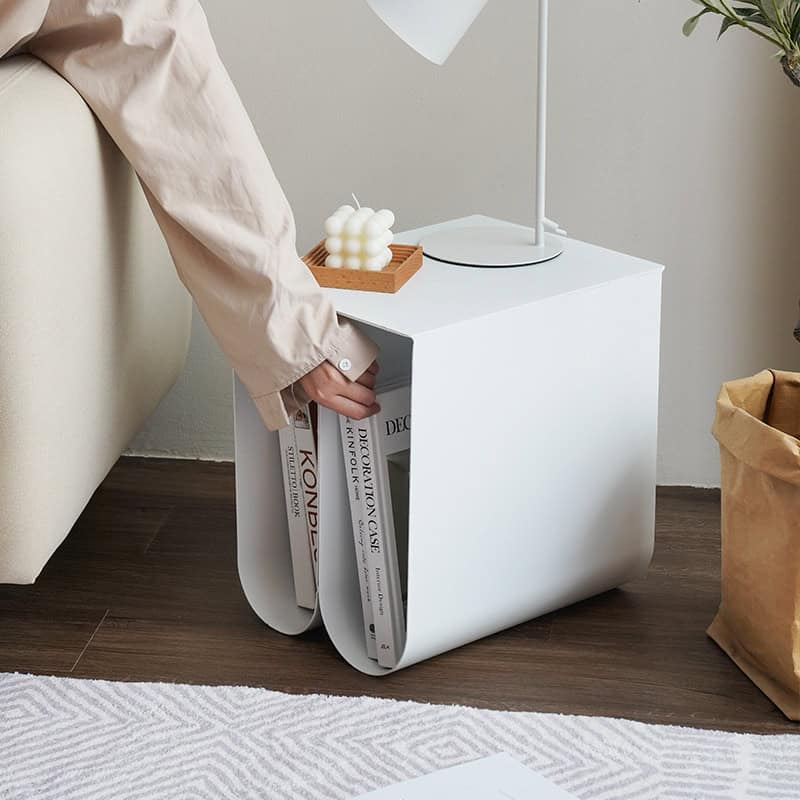 Stylish white bedside table with hidden storage for magazines, perfect for bedroom decor and organization, from Monalisa Store's opt range.