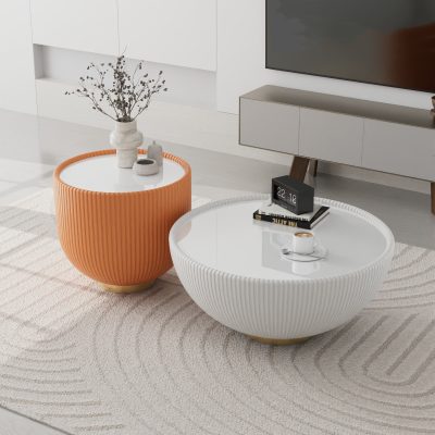 Contemporary white and orange textured coffee tables with sleek designs, ideal for modern living rooms, home decor, and stylish furniture setups.