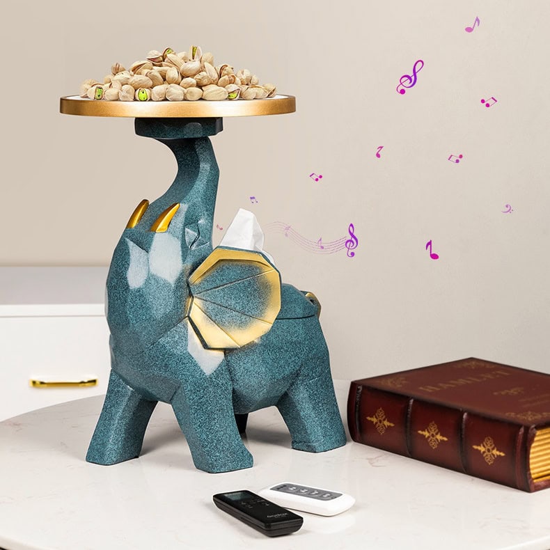 Stylish decorative elephant tissue holder with pistachio nuts, perfect for modern home decor and gift ideas. Unique kitchen or office accessory blending art and practicality.