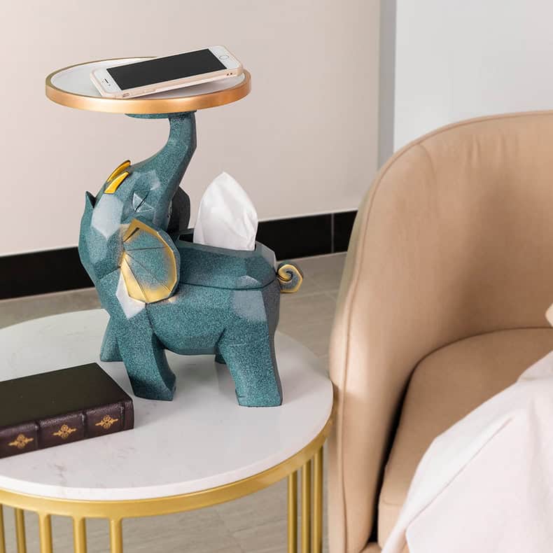 A chic elephant-shaped table lamp with a tissue holder design, perfect for modern bedroom or living room decor, combining functionality with artistic appeal.
