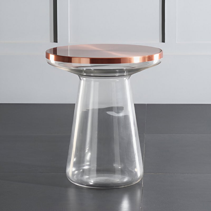 Contemporary glass side table with rose gold rim, ideal for modern homes, adds elegance and style to living rooms and bedrooms.