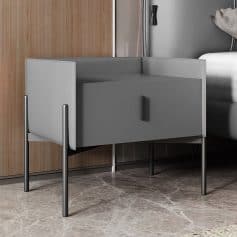 Gray modern bedroom nightstand with storage drawer and sleek metal legs. Ideal for bedroom or living room, combining style and functionality.