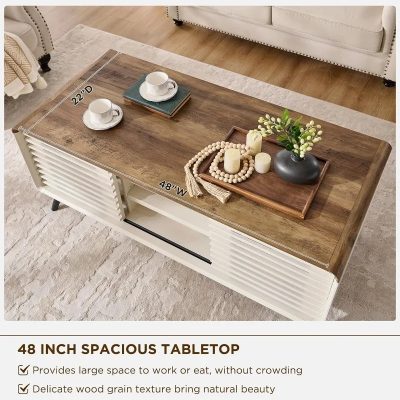 Elegant coffee table featuring a large 48-inch wide wood top with space for drinks, decor, and work accessories, perfect for living room or lounge setups.