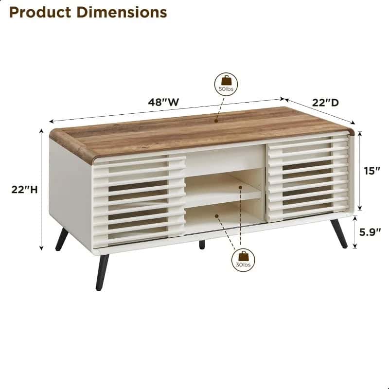 Stylish wooden TV stand with slatted doors, spacious storage, and a sturdy top surface for electronics or decor, perfect for living rooms or offices.