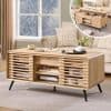 Stylish wooden coffee table with slatted design, perfect for living rooms, featuring ample storage and a contemporary look for a cozy, elegant atmosphere.
