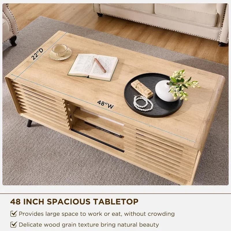 Sturdy 48-inch wooden coffee table perfect for living rooms, offering ample space to relax, work, or entertain guests. Crafted with a natural wood grain finish to enhance home decor.