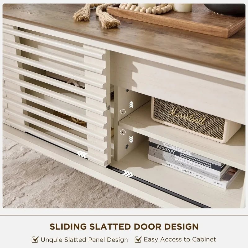 Elegant optician storage with sliding slatted door for easy cabinet access.