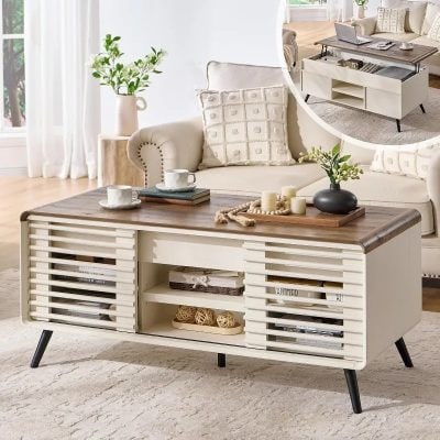 Stylish white coffee table with wooden top, perfect for modern living rooms, offering ample storage and a sleek design, ideal for enhancing interior decor.
