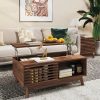 Stylish wooden coffee table featuring a sleek design, decorative figurines, and storage compartments, perfect for living rooms and home decor.