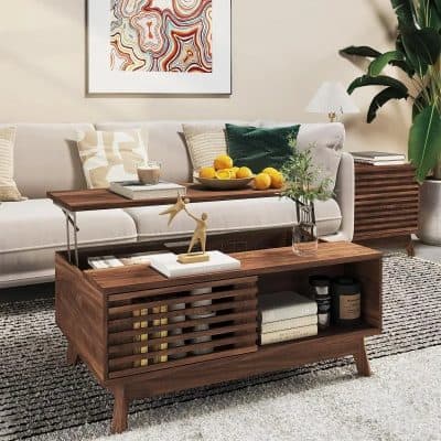 Stylish wooden coffee table featuring a sleek design, decorative figurines, and storage compartments, perfect for living rooms and home decor.
