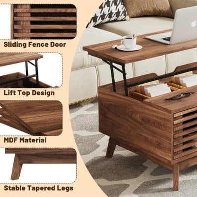 Durable MDF material with lift top design, sliding fence door, and stable tapered legs for stylish and functional home decor. Perfect for living rooms, offering convenient storage and workspace.