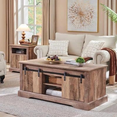 A stunning wooden coffee table with sliding barn doors in a cozy living room setting. Perfect for enhancing your home decor with quality and style.