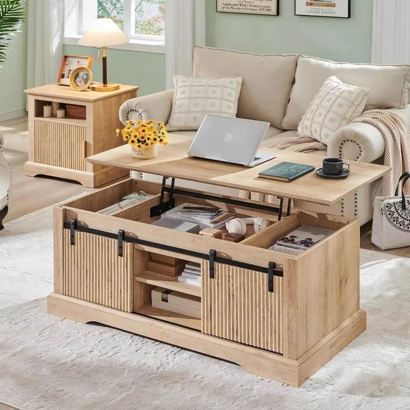 Beautiful wooden coffee table featuring sliding barn doors and ample storage, ideal for organizing magazines, books, and essentials in living rooms or home office spaces.
