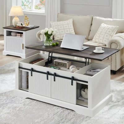 Stylish and functional coffee table with adjustable height and hidden storage for books, electronics, and decor. Perfect for living rooms needing space-saving furniture with a contemporary design.
