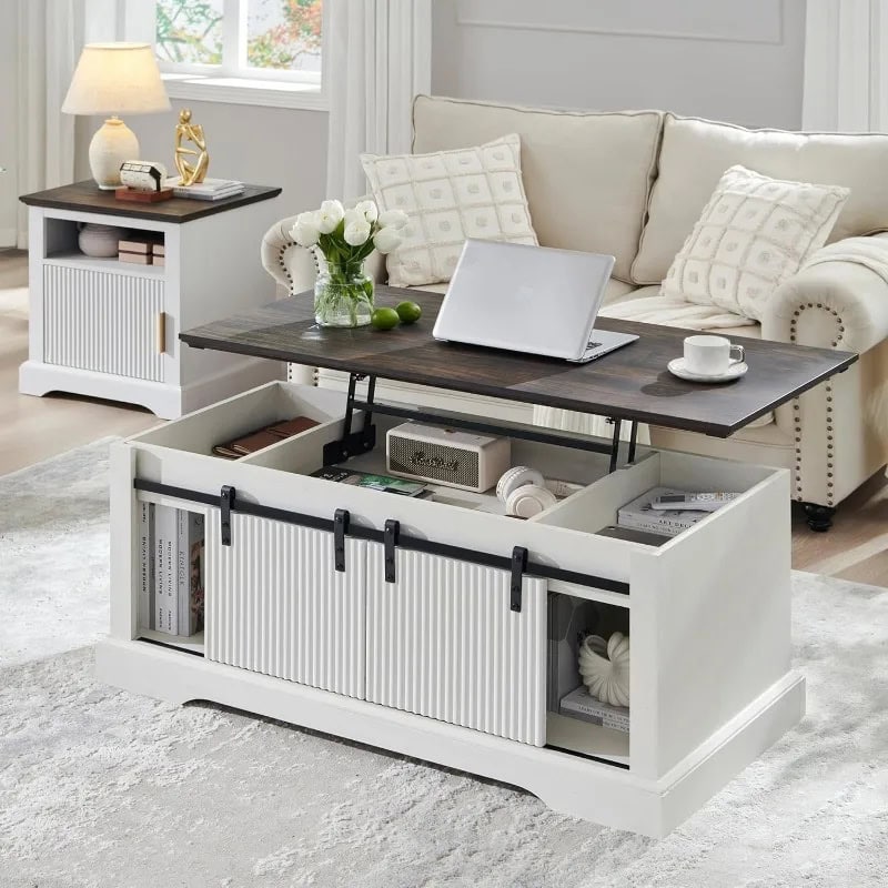 Stylish and functional coffee table with adjustable height and hidden storage for books, electronics, and decor. Perfect for living rooms needing space-saving furniture with a contemporary design.