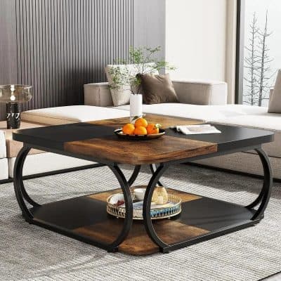 Stylish living room coffee table with a contemporary design featuring wood and black metal, perfect for home decor and furniture. Ideal for showcasing decor items or holding beverages in a chic space.