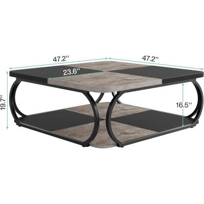 Stylish modern coffee table with sleek black metal frame and wood finish, perfect for living rooms, offering ample surface space and storage.