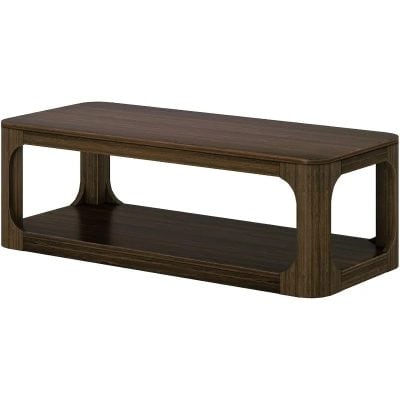 Stylish dark wood coffee table with open shelf, perfect for living room decor. Durable, modern design ideal for home or office spaces. Adds elegance and functionality to any setting.