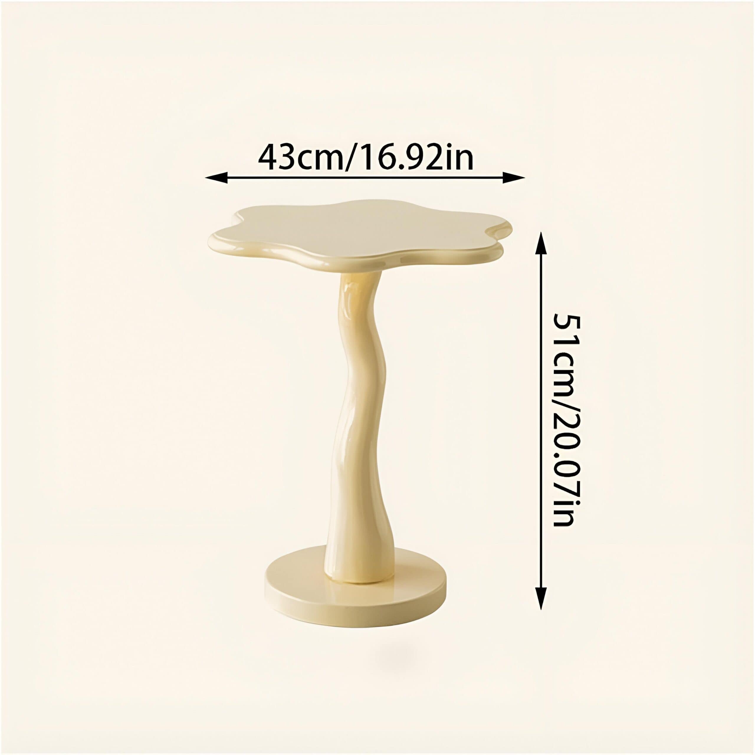 A stylish cream-colored side table featuring a wavy top surface and a curved central support, ideal for living rooms or bedrooms, measuring 43cm x 51cm for space-efficient decor.