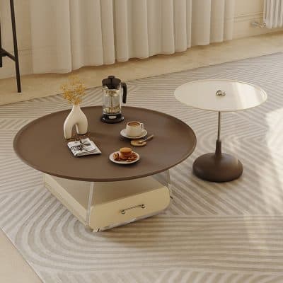 Stylish modern coffee table with decorative items and a coffee setup. Perfect for living rooms and relaxing spaces, combining elegance and functionality.