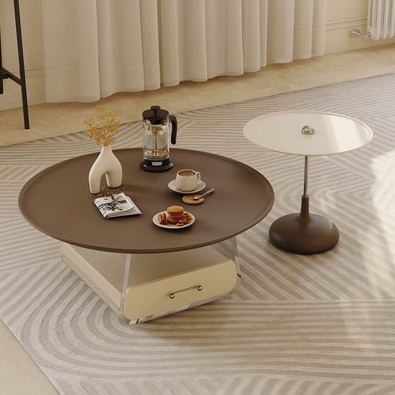 Stylish modern coffee table with decorative items and a coffee setup. Perfect for living rooms and relaxing spaces, combining elegance and functionality.