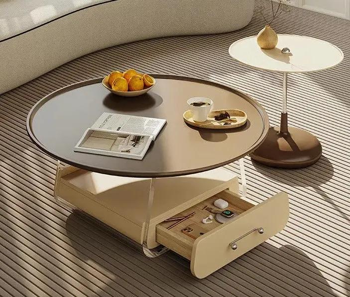 Sleek modern coffee table with a hidden drawer for storage, perfect for living room or lounge areas, featuring contemporary design and functionality.