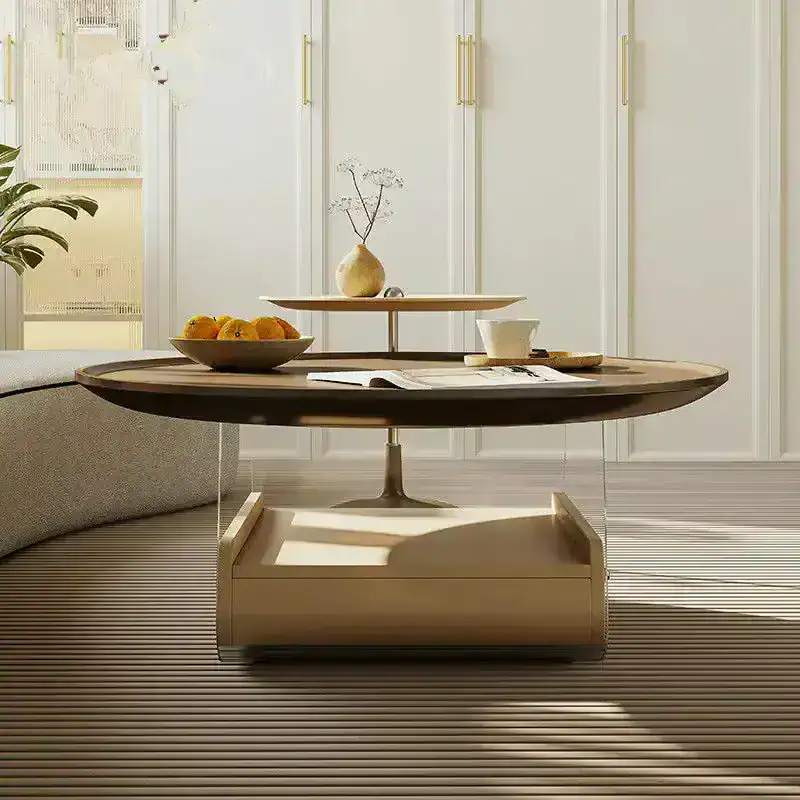 Stylish coffee table with a wooden top, decorative vase, plate of oranges, and reading material in a bright living space. Perfect for contemporary home decor and functional aesthetics.