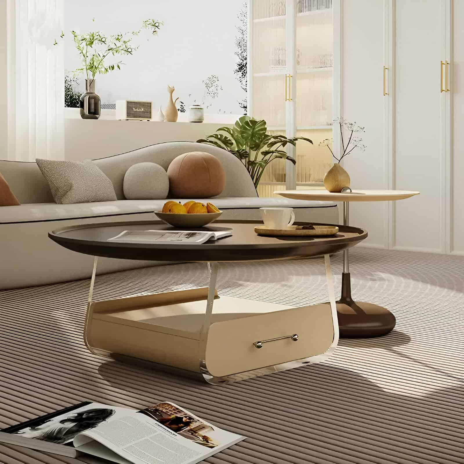 Bright, elegant interior design featuring plush sofa, contemporary coffee table, and natural light for a relaxing atmosphere.